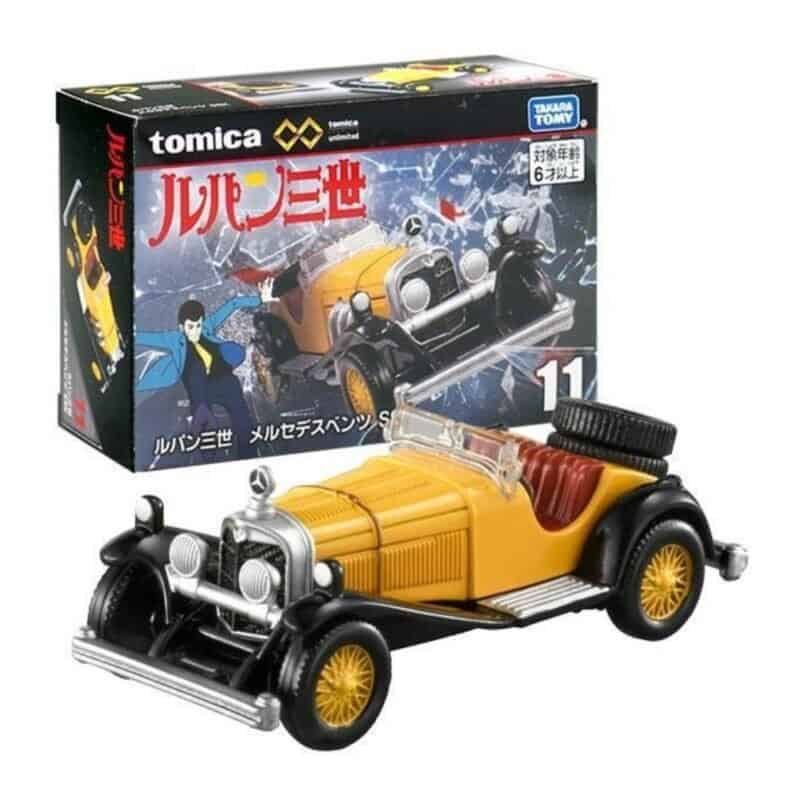 Miniatura coche amarillo Mercedes Benz SSK 1928 de la serie Lupin III a escala 1/64 Tomica