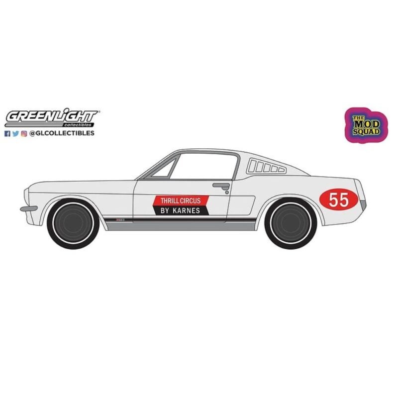 Ilustración coche blanco de carreras Ford Mustang Fastback nº55 de la serie The Mod Squad Greenlight