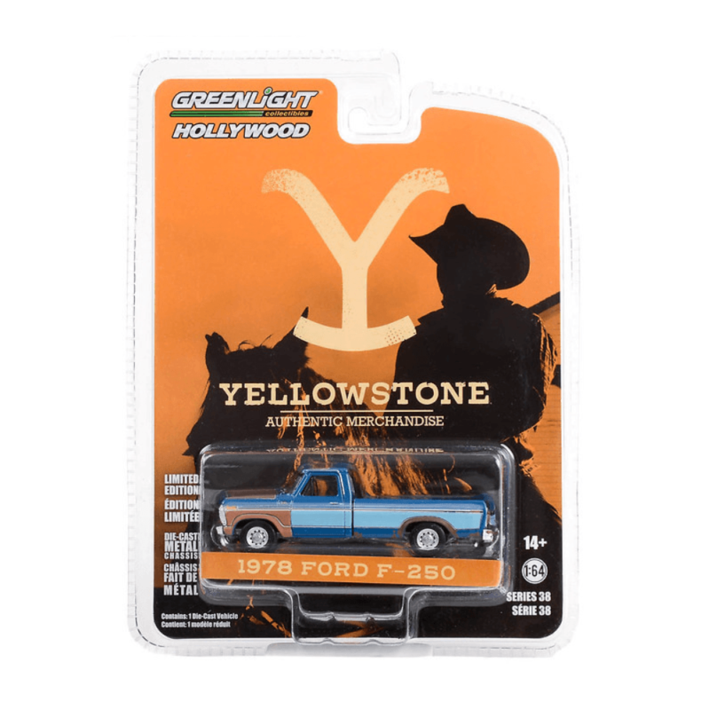 Miniatura camioneta azul Ford F-250 de la serie Yellowstone a escala 1/64 Greenlight