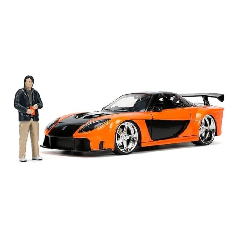 Miniatura coche naranja y negro Mazda RX-7 1995 de la película Fast & Furious 3 a escala 1/24 Jada con figura Hans