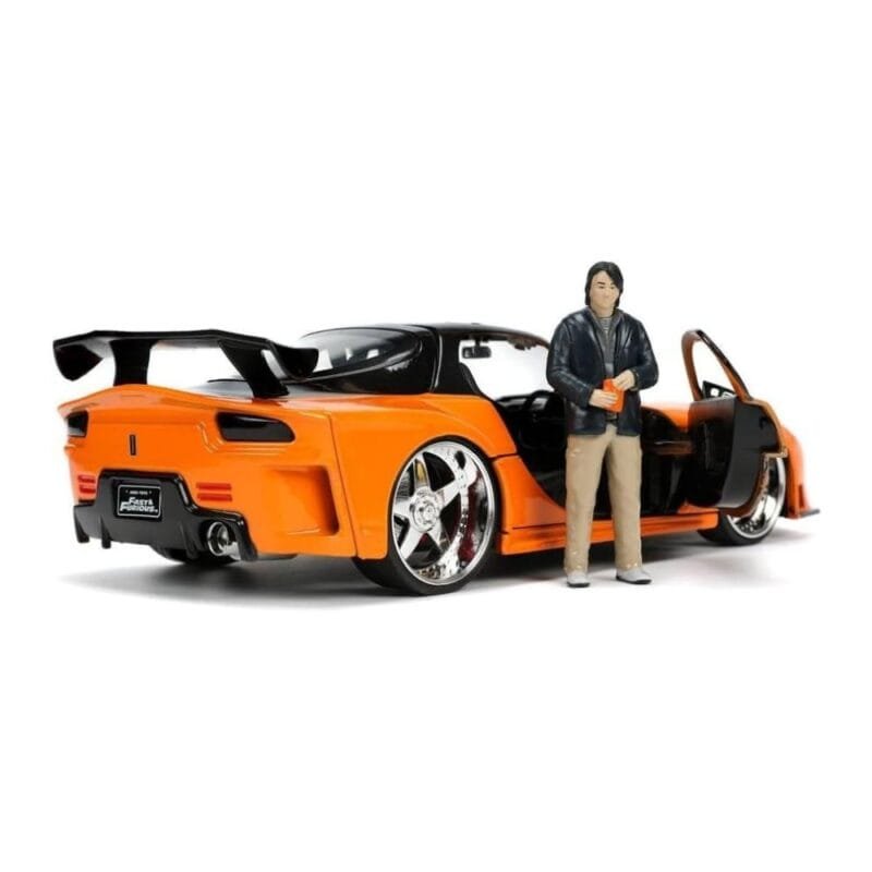 Miniatura coche naranja y negro Mazda RX-7 1995 de la película Fast & Furious 3 a escala 1/24 Jada con figura Hans