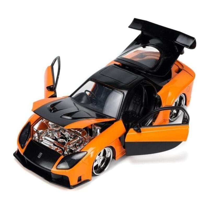 Miniatura coche naranja y negro Mazda RX-7 1995 de la película Fast & Furious 3 a escala 1/24 Jada