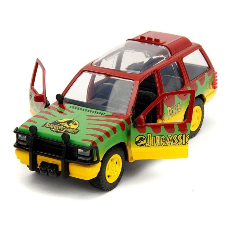 Miniatura coche todoterreno rojo, verde y amarillo Ford Explorer de la película Jurassic Park a escala 1/32 Jada