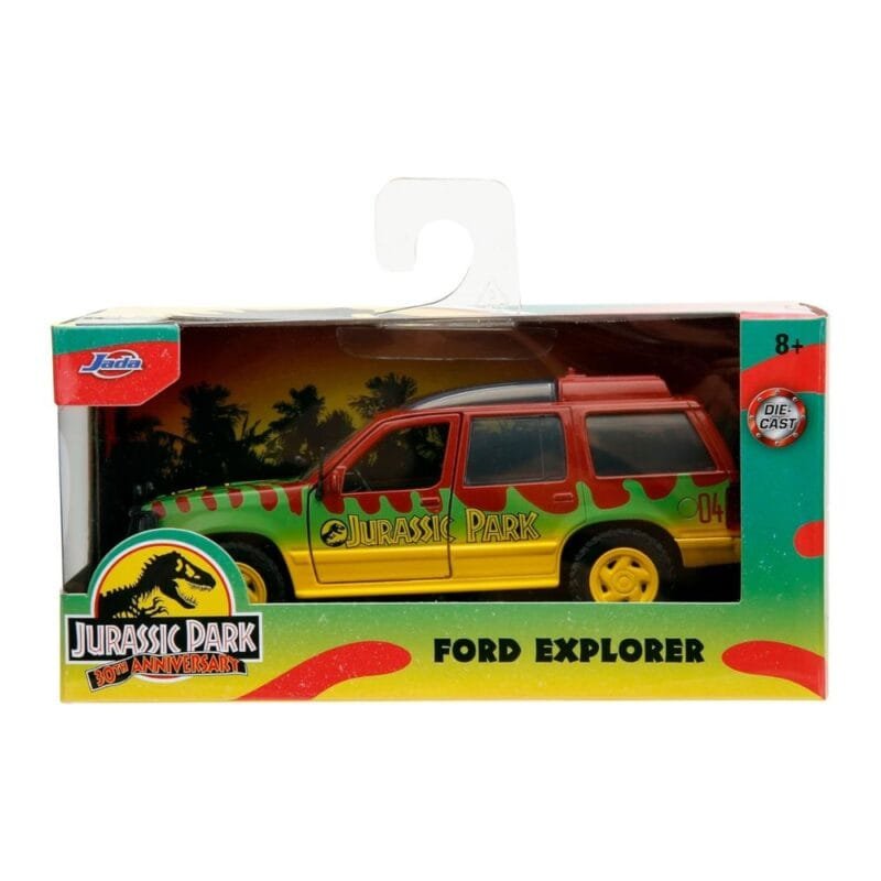 Miniatura coche todoterreno rojo, verde y amarillo Ford Explorer de la película Jurassic Park a escala 1/32 Jada