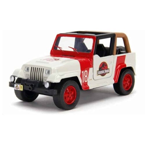 Miniatura coche todoterreno rojo y gris Jeep Wrangler nº 18 de la película Jurassic Park a escala 1/32 Jada