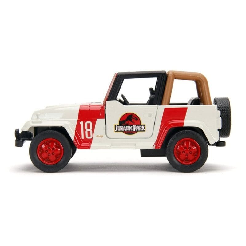 Miniatura coche todoterreno rojo y blanco Jeep Wrangler de la película Jurassic World a escala 1/32 Jada