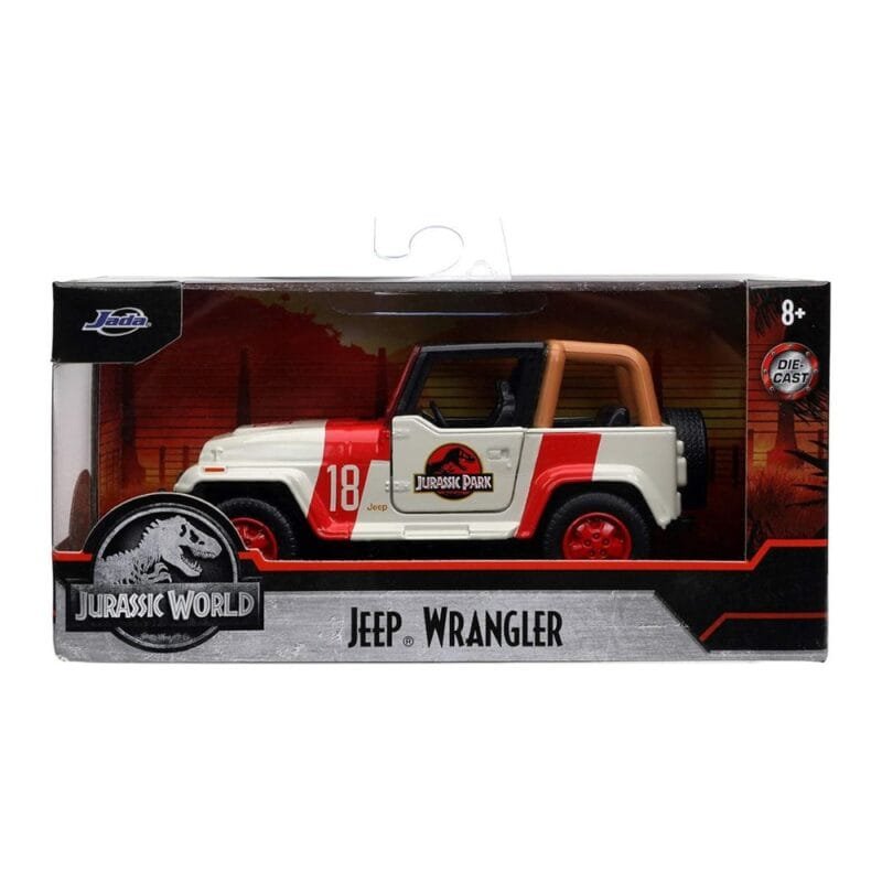 Miniatura coche todoterreno rojo y blanco Jeep Wrangler de la película Jurassic World a escala 1/32 Jada