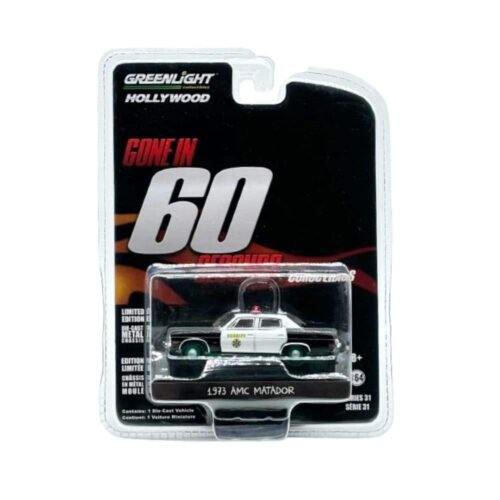 Miniatura coche de policía AMC Matador Los Angeles County Sheriff California blanco y negro película 60 segundos a escala 1/64 en embalaje blister sellado Greenlight Green Machine con ruedas verdes