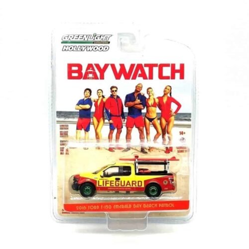 Miniatura coche camioneta Ford F-150 2016 de la película Los Vigilantes de la Playa a escala 1/64 Greenlight en blister sellado versión green machine