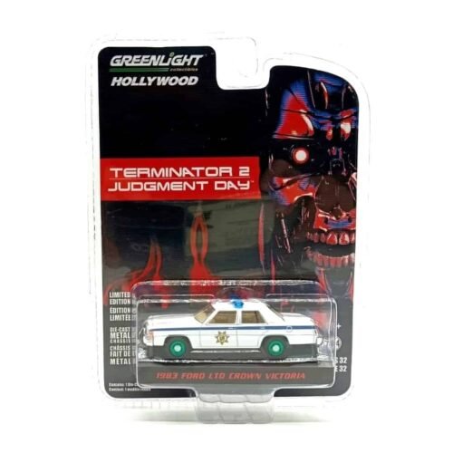 Miniatura coche policía blanco Ford LTD Crown Victoria 1983 de la película Terminator 2 a escala 1/64 Greenlight con blister sellado versión Green Machine