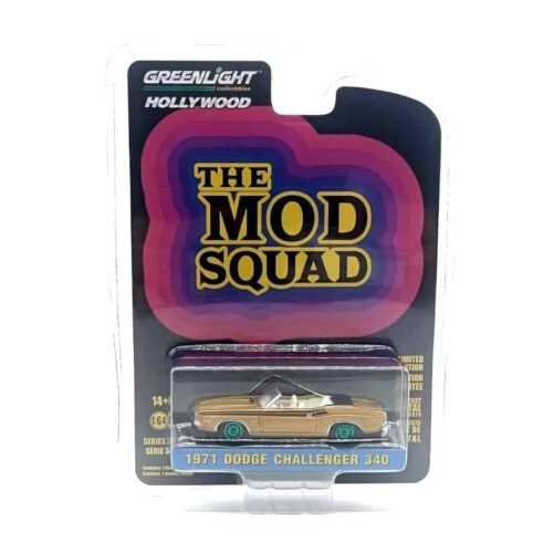 Miniatura coche marrón descapotable Dodge Challenger 340 de la serie The Mod Squad a escala 1/64 Greenlight en blister sellado versión Green Machine