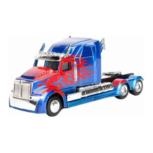 Miniatura camión azul con llamas rojas Optimus Prime de la película Transformers 5 a escala 1/32 Jada