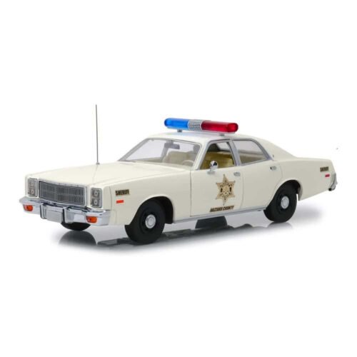 Miniatura coche Plymouth Fury 1977 Hazzard County Sheriff blanco de la serie El sheriff chiflado a escala 1/18 Greenlight
