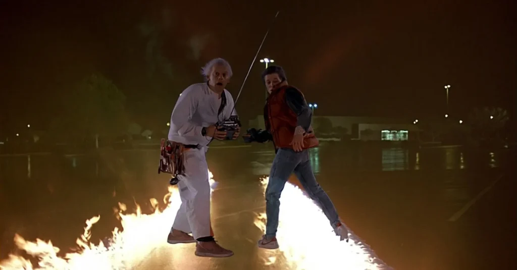 Back-to-the-Future-Doc-and-Marty-Tire-Flames Escena llamas DeLorean de la película Regreso al futuro