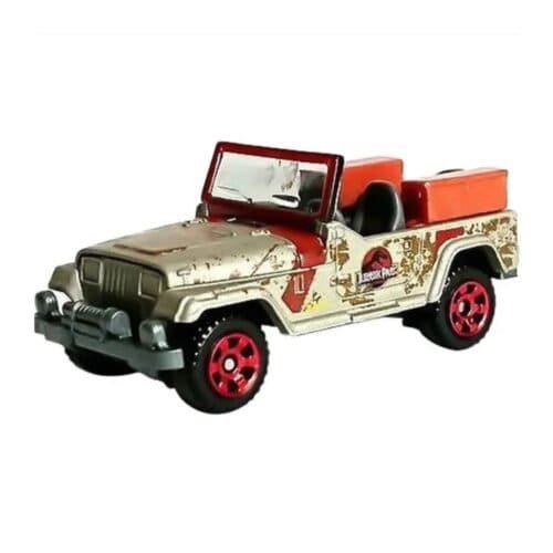 Miniatura coche todoterreno rojo y gris sucio Jeep Wrangler nº 10 de la película Jurassic Park a escala 1/64 Matchbox