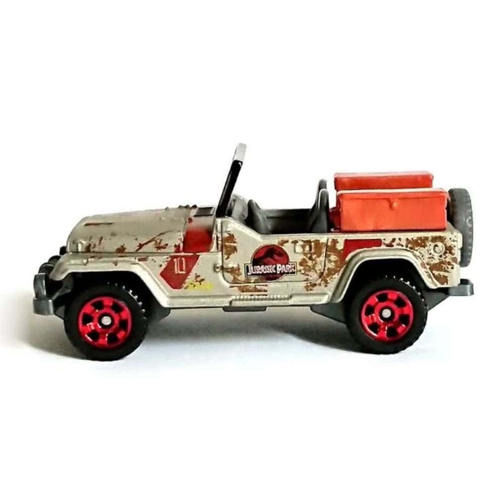 Miniatura coche todoterreno rojo y gris sucio Jeep Wrangler nº 10 de la película Jurassic Park a escala 1/64 Matchbox