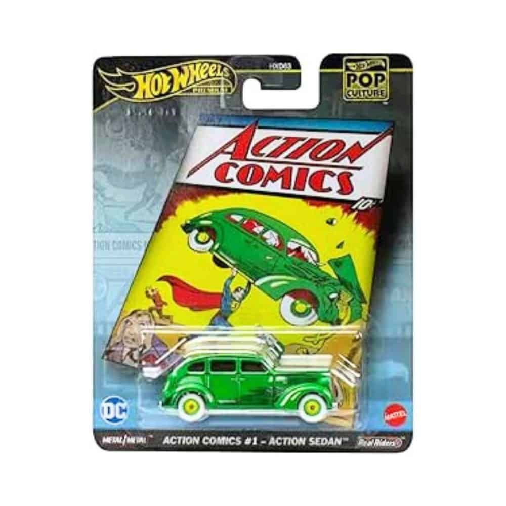 Miniatura coche Sedan verde del Action Comics #1 a escala 1/64 Hot Wheels