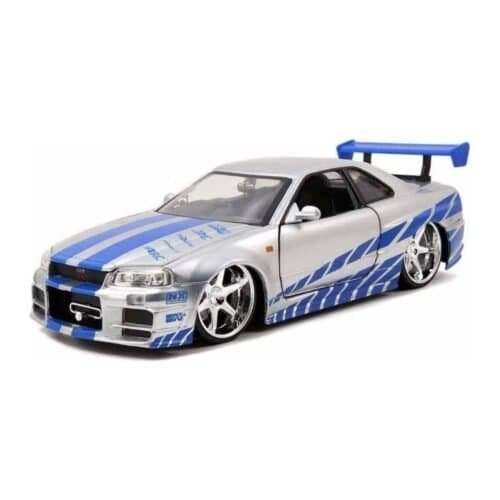 Miniatura coche gris y azul Nissan Skyline BNR34 GT-R de la película Fast & Furious 2 a escala 1/24 Jada