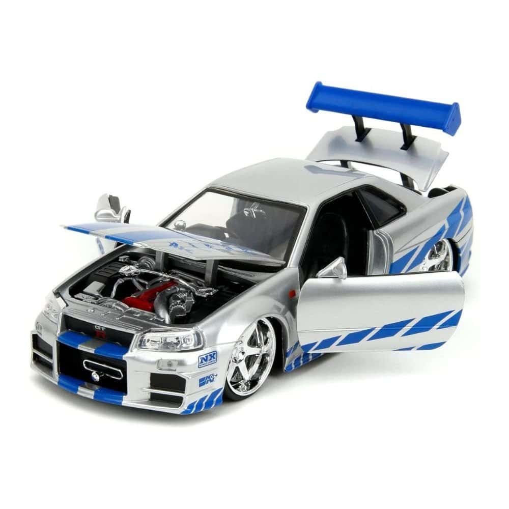 Miniatura coche gris y azul Nissan Skyline BNR34 GT-R de la película Fast & Furious 2 a escala 1/24 Jada