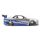 Miniatura coche gris y azul Nissan Skyline BNR34 GT-R de la película Fast & Furious 2 a escala 1/24 Jada