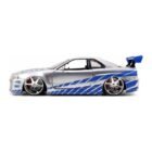 Miniatura coche gris y azul Nissan Skyline BNR34 GT-R de la película Fast & Furious 2 a escala 1/24 Jada