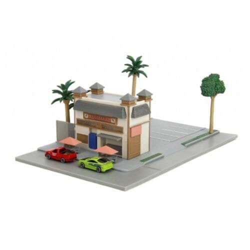 Miniatura nanoescenario café-taller Toretto de la película Fast & Furious con coches a escala Jada