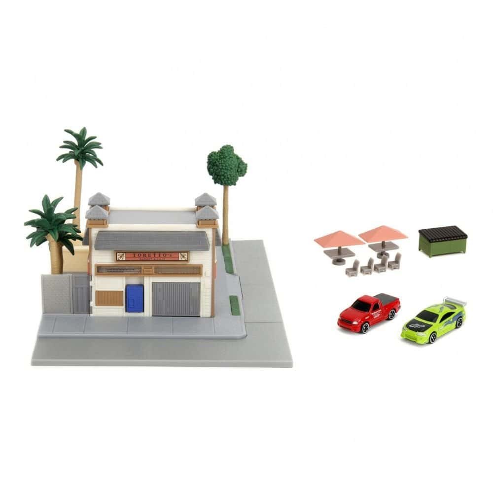 Miniatura nanoescenario café-taller Toretto de la película Fast & Furious con coches a escala Jada