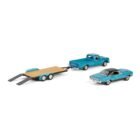Miniatura camioneta Dodge D-200 azul con remolque y coche Plymouth GTX del reality Graveyard Carz a escala 1/64 Greenlight