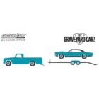 Ilustración camioneta Dodge D-200 azul con remolque y coche Plymouth GTX del reality Graveyard Carz Greenlight