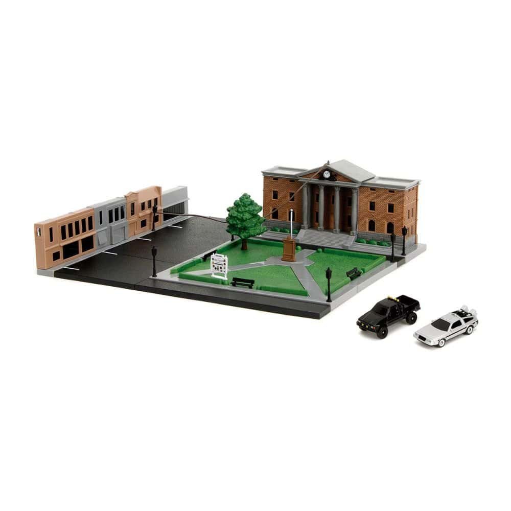 Miniatura nanoescenario torre del reloj de la película Regreso al futuro con coches a escala Jada