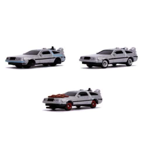 Miniatura pack coches DeLorean DMC a escala de la película Regreso al futuro Jada
