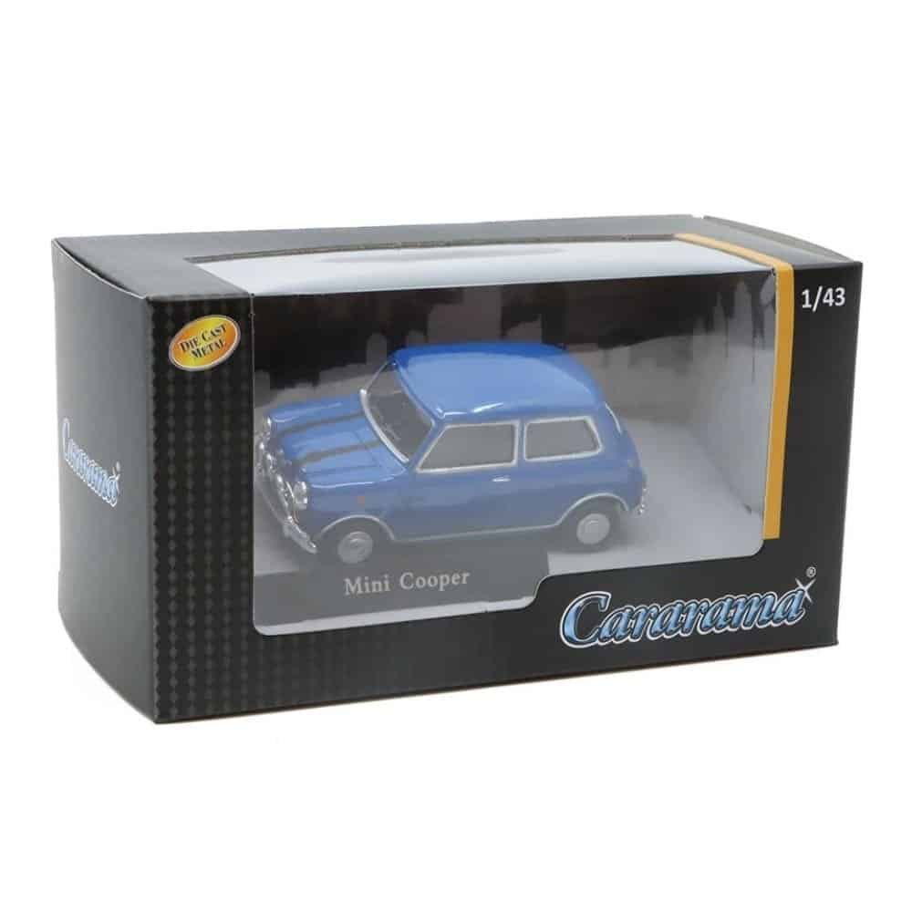Miniatura coche azul Mini Cooper de la película The Italian Job (1969) a escala 1/43 Cararama