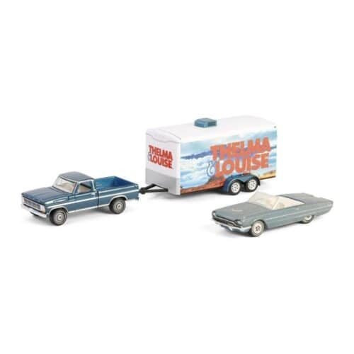 Miniatura coche Ford Thunderbird descapotable y camioneta Ford F-250 con remolque de la película Thelma & Louise a escala 1/64 Greenlight
