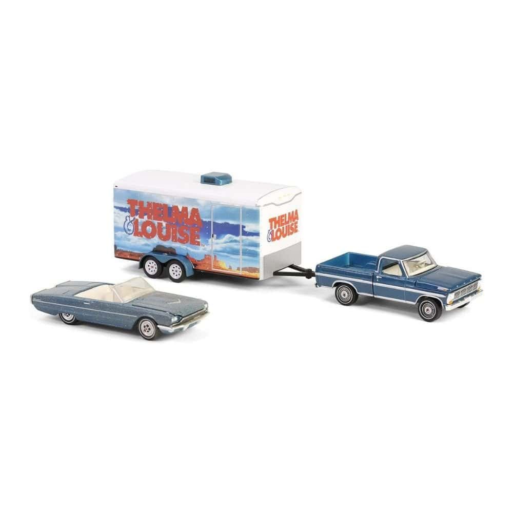Miniatura coche Ford Thunderbird descapotable y camioneta Ford F-250 con remolque de la película Thelma & Louise a escala 1/64 Greenlight