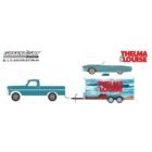 Ilustración coche Ford Thunderbird descapotable y camioneta Ford F-250 con remolque de la película Thelma & Louise a escala 1/64 Greenlight