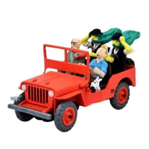 Miniatura coche todoterreno rojo Jeep Willys MB con figuras de Tintín en el País del Oro Negro a escala 1/43 Atlas