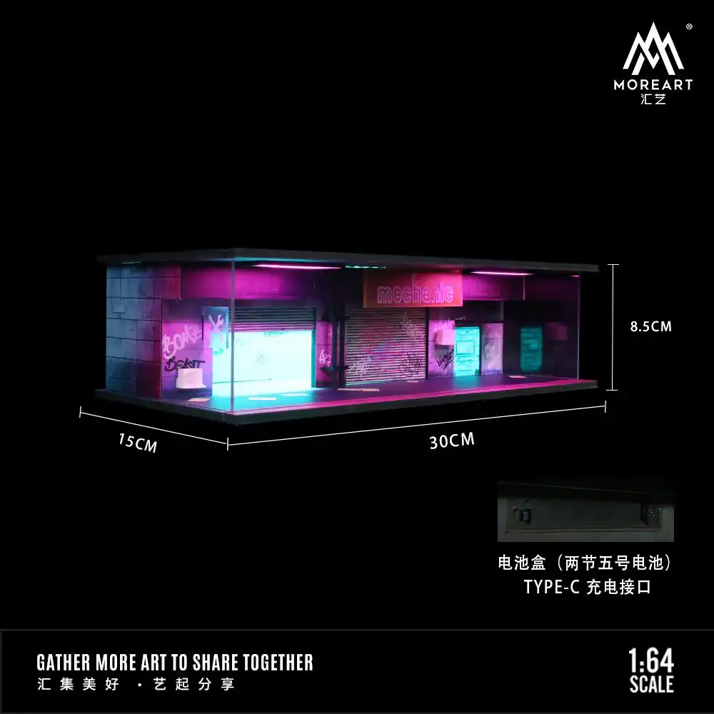 Miniatura Cyberpunk Diorama con luces Taller mecánico a escala 1/64 MoreArt