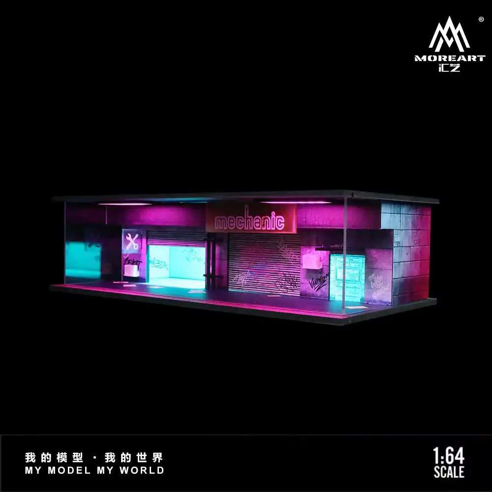 Miniatura Cyberpunk Diorama con luces Taller mecánico a escala 1/64 MoreArt
