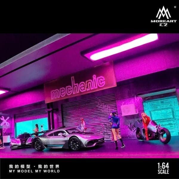 Miniatura Cyberpunk Diorama con luces Taller mecánico a escala 1/64 MoreArt