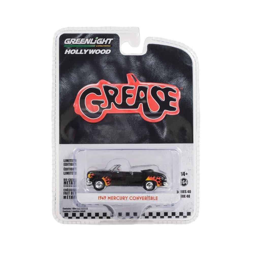 Miniatura coche Grease Mercury negro con llamas a escala 1/64 Greenlight