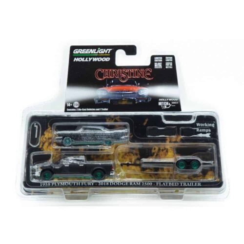 Miniatura camioneta Ram 2500 y remolque con coche Plymouth Fury 1959 versión calcinada de la película Christine a escala 1/64 en embalaje Green Machine Greenlight