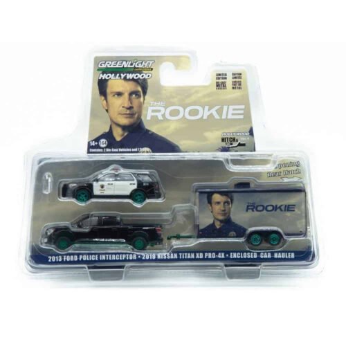 Miniatura coche de policía The Rookie con camioneta Nissan Titan Pro-4X con remolque y coche Policía de Los Angeles Ford Police Interceptor Utility LAPD a escala 1/64 Greenlight