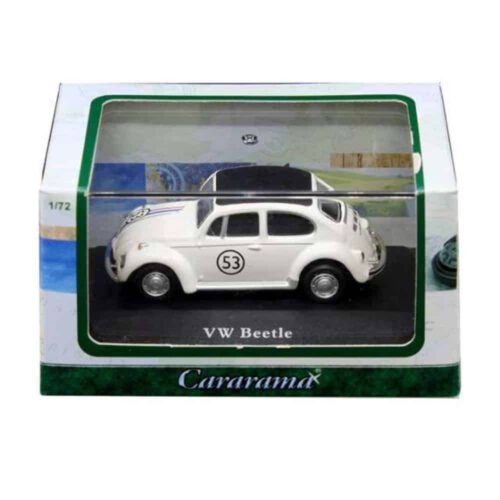 Coche miniatura Volkswagen Beetle con número 53 y franjas de carreras estilo Herbie fabricado por Cararama a escala 1/72