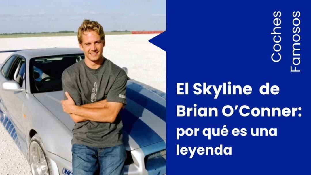 Paul Walker como Brian O'Conner junto al Nissan Skyline R34 plateado en una escena de 2 Fast 2 Furious.