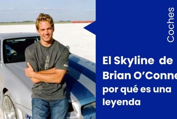 Paul Walker como Brian O'Conner junto al Nissan Skyline R34 plateado en una escena de 2 Fast 2 Furious.