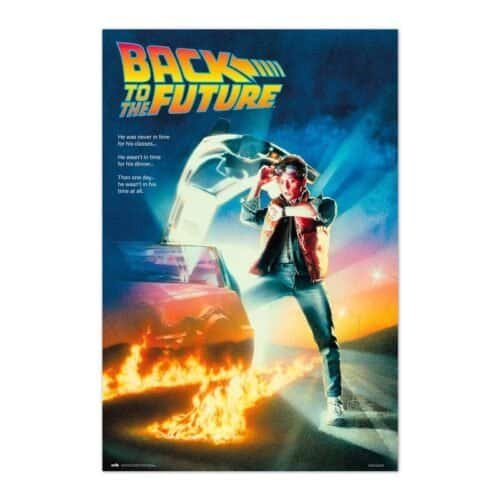 Póster oficial de la película Regreso al Futuro con Marty McFly mirando el reloj junto al DeLorean