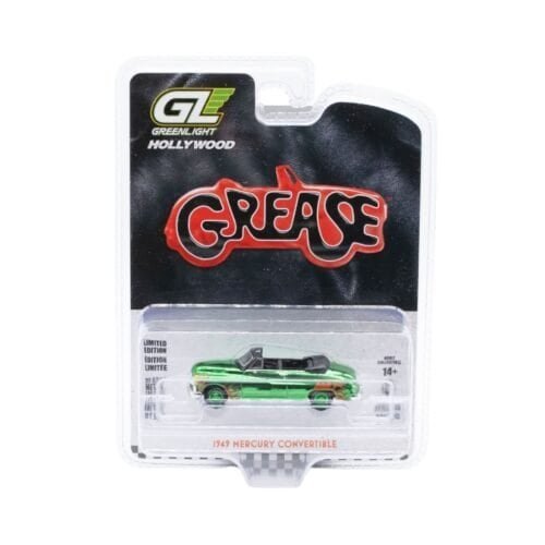Coche en miniatura Mercury Custom Convertible 1949 con llamas edición Green Machine Green Chrome de la película Grease a escala 1/64 fabricado por Greenlight.