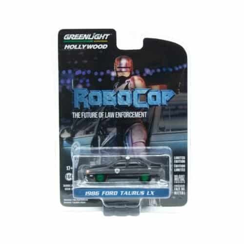 Coche en miniatura negro mate y llantas esmeralda Ford Taurus LX 1986 Policía de Detroit Greenlight Green Machine de la película RoboCop a escala 1/64.