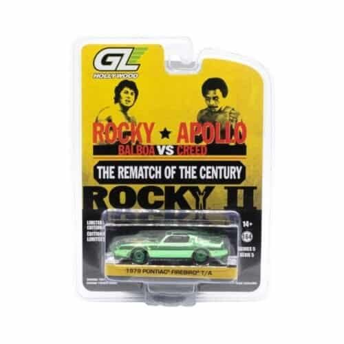 Coche en miniatura Pontiac Firebird Trans Am 1979 edición Green Chrome de la película Rocky II a escala 1/64 fabricado por Greenlight.
