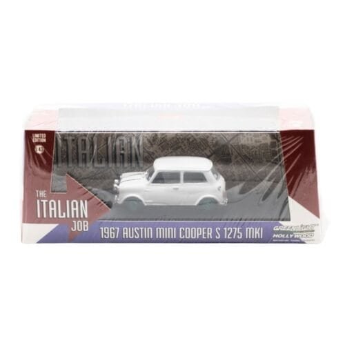Coche en miniatura Mini Cooper S 1275 blanco de 1967 con detalles esmeralda edición Green Machine de la película The Italian Job a escala 1/43 fabricado por Greenlight.